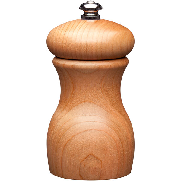 A Fletchers' Mill Marsala cherry wood pepper mill with a silver top.