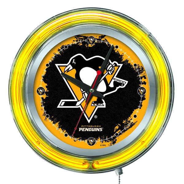 A yellow and black Holland Bar Stool Pittsburgh Penguins neon clock with a logo.