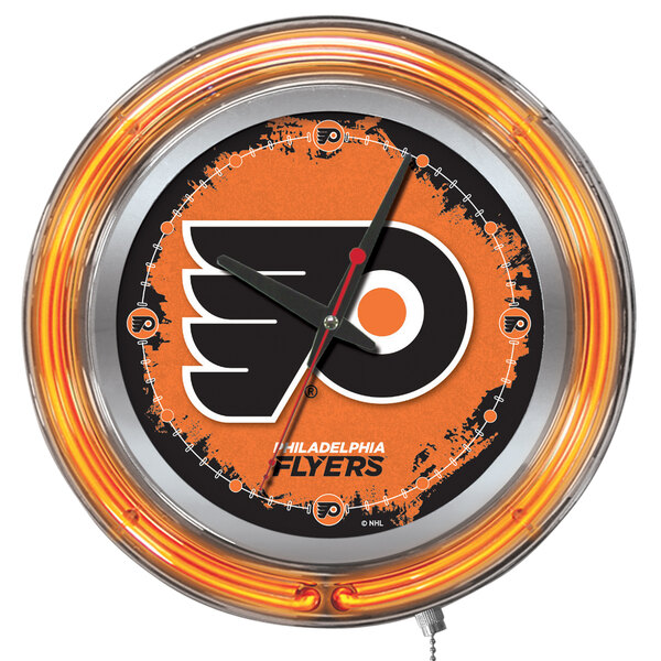A Holland Bar Stool Philadelphia Flyers neon clock with logo and numbers.