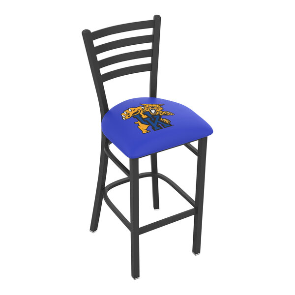 A black steel bar chair with a blue cushion and University of Kentucky logo on the backrest.