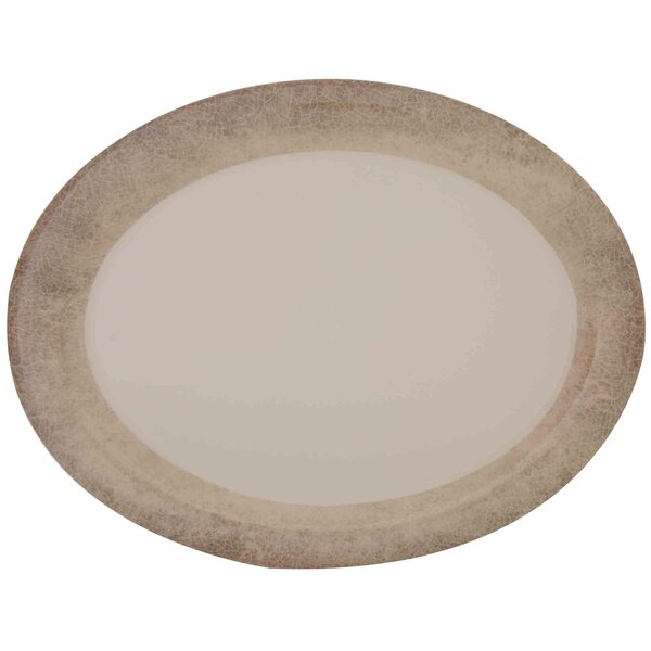 A white oval Thunder Group melamine platter with a crackle-finished rim.