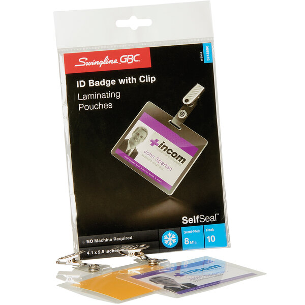 A package of Swingline GBC SelfSeal ID Badge laminating pouches with a picture of a name tag.