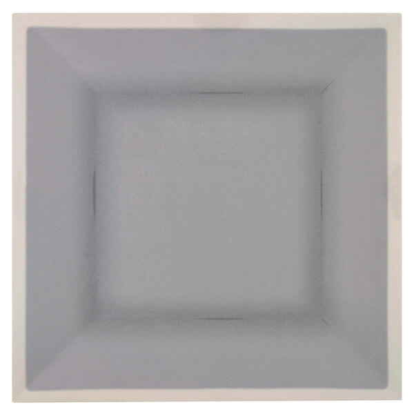 A gray square melamine plate with a white square center and an ivory border.