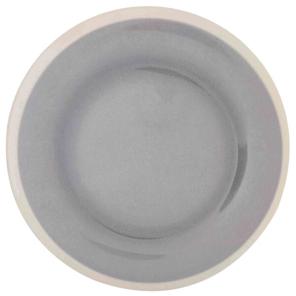 A gray plate with a white rim.