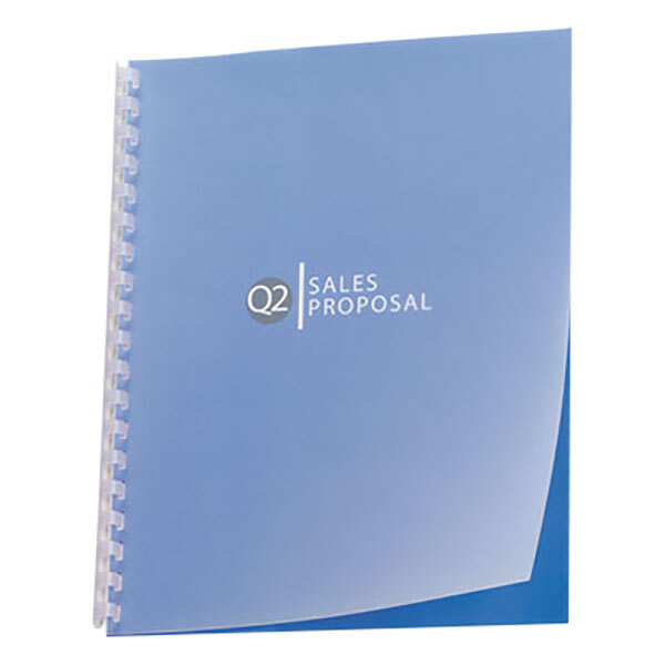 A blue Swingline presentation cover with a frosty white design and square blue and white text.