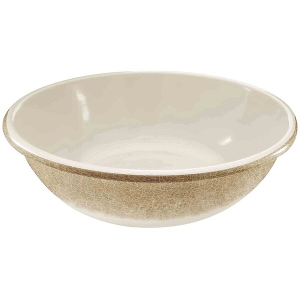 A white melamine bowl with a brown crackle-finished rim.