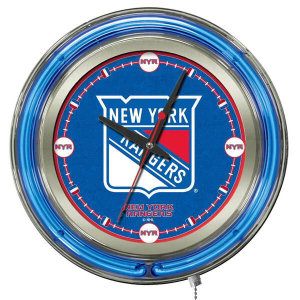 A blue and red Holland Bar Stool New York Rangers neon clock.