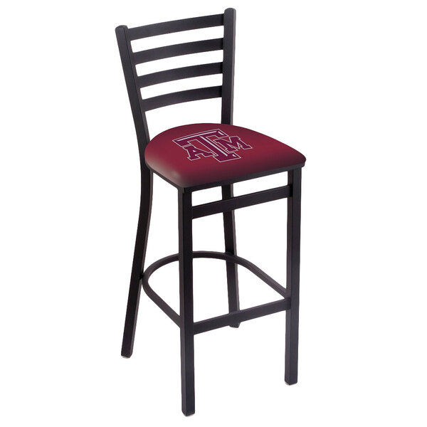 A black steel Holland Bar Stool with Texas A&M logo on the padded seat and ladder back.