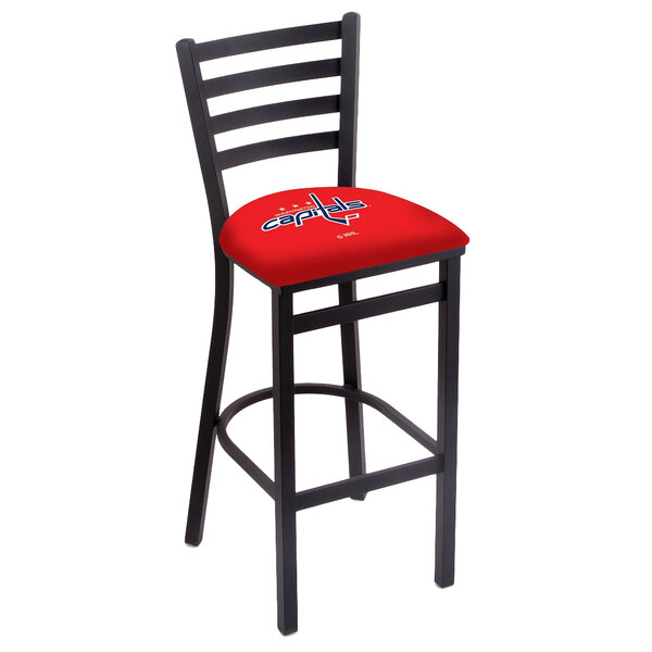 A black steel bar stool with a red Washington Capitals seat cushion and logo.