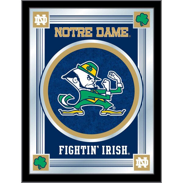A white framed mirror with a blue and white University of Notre Dame logo and a leprechaun cartoon.