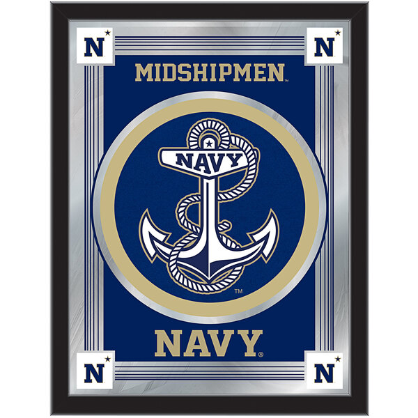 A white framed mirror with a navy United States Navy logo.
