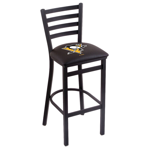 A black steel bar height chair with a Pittsburgh Penguins logo on the padded seat.