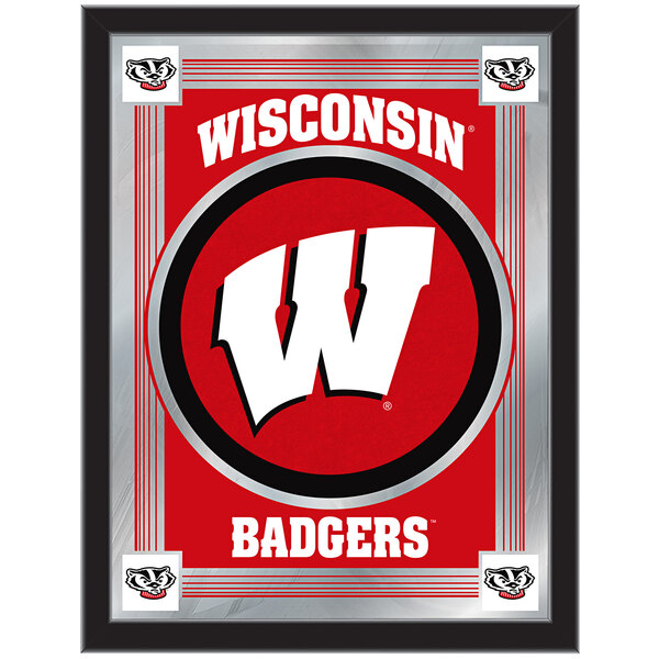 A red and silver framed mirror with a white University of Wisconsin logo.