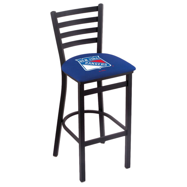 A black steel bar stool with a New York Rangers logo on the blue padded seat.