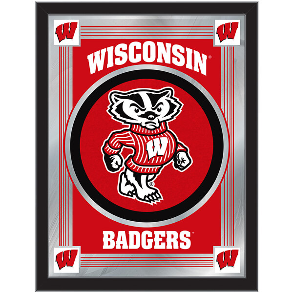 A red and silver framed mirror with a cartoon badger wearing a red and black sweater and the word "Wisconsin" above it.