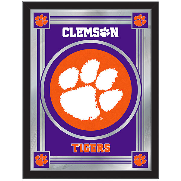 A white framed mirror with a silver and black frame featuring a purple and orange Clemson Tigers paw logo.