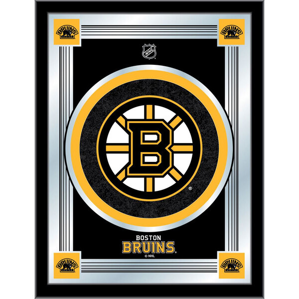 A white framed mirror with the Boston Bruins logo on it.