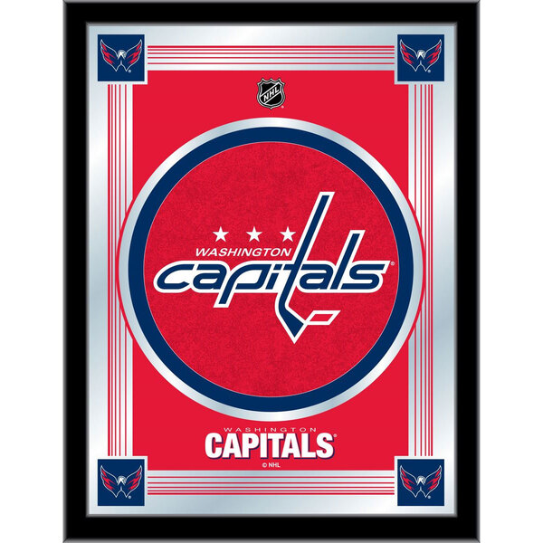 A white framed mirror with a red and blue Washington Capitals logo.