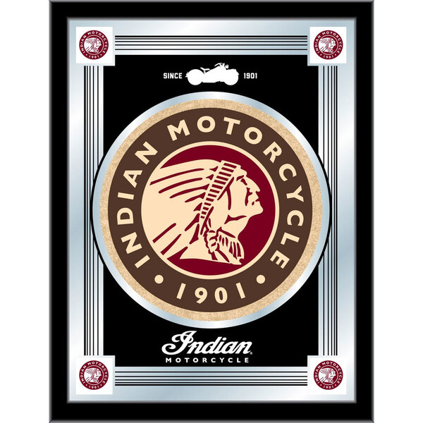 A black framed mirror with a white Indian Motorcycle logo.