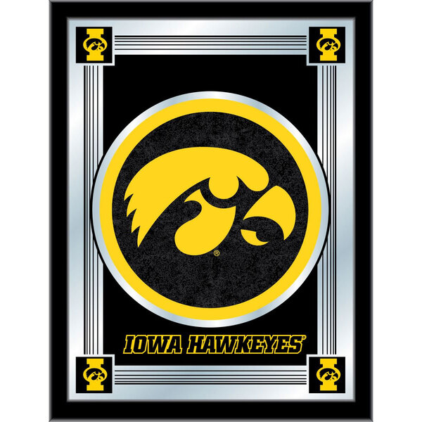 A white framed mirror with a black and gold metal frame featuring the yellow and black University of Iowa Hawkeyes logo.