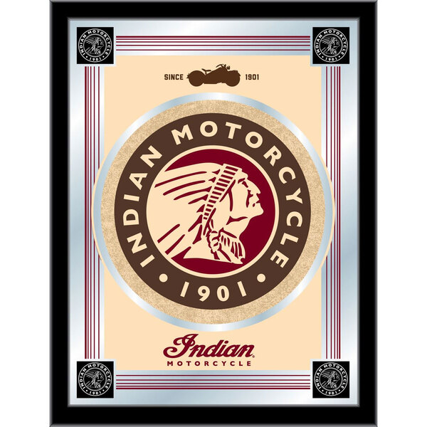 A white framed mirror with a black frame and Indian Motorcycle logo.