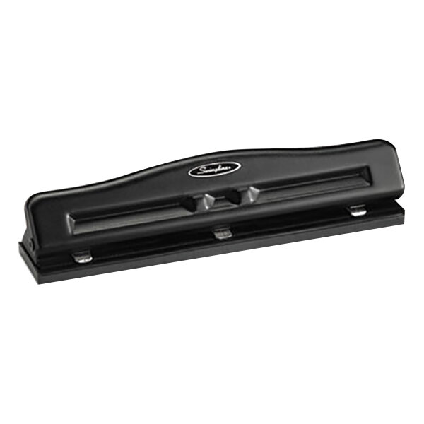 A black Swingline hole punch with an adjustable handle.