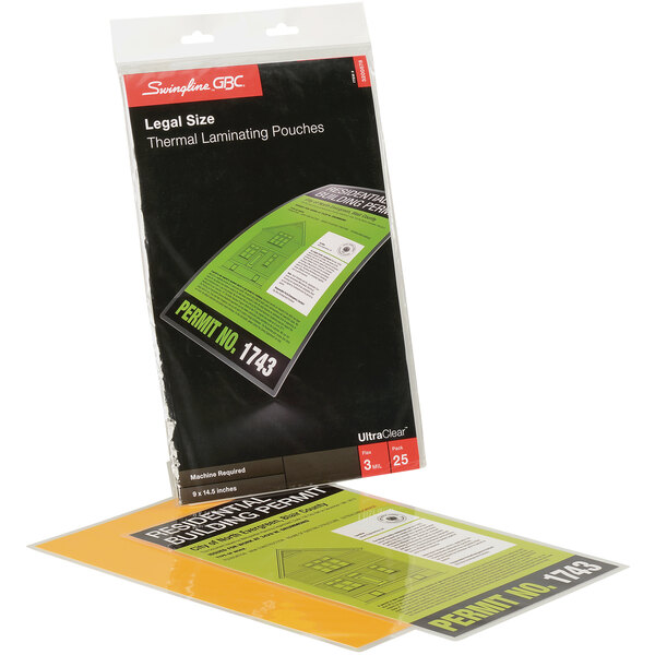 A package of Swingline UltraClear thermal laminating pouches on a counter.