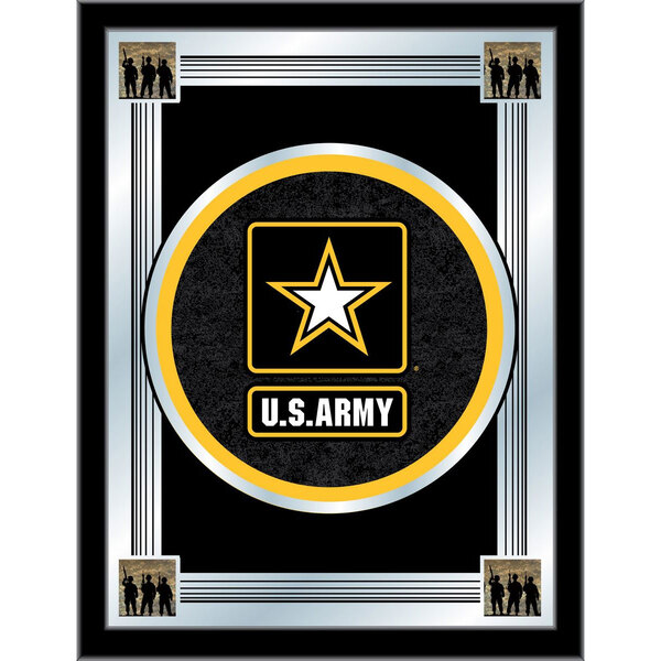 A white framed mirror with the United States Army logo in black and gold.