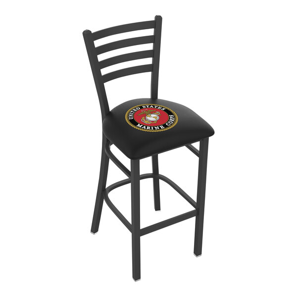 A black bar height chair with a padded seat and a United States Marine Corps logo on the backrest.