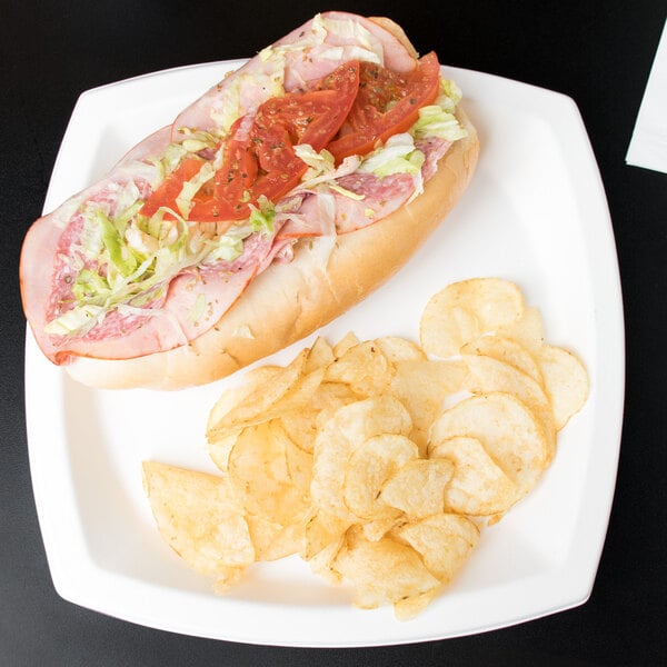 A sub sandwich with tomatoes and lettuce and chips on a Bare by Solo square compostable plate.