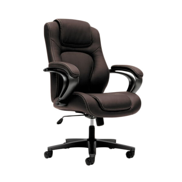 A brown HON Basyx high-back office chair with wheels and arms.