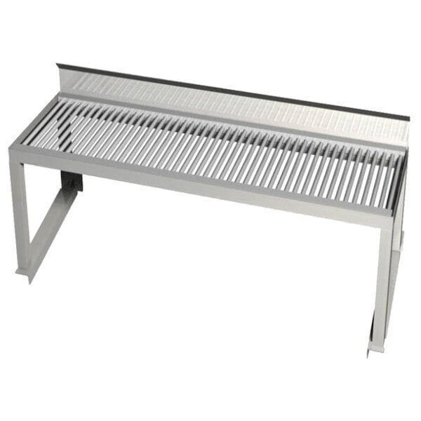 A metal shelf with a metal frame holding a metal grate.