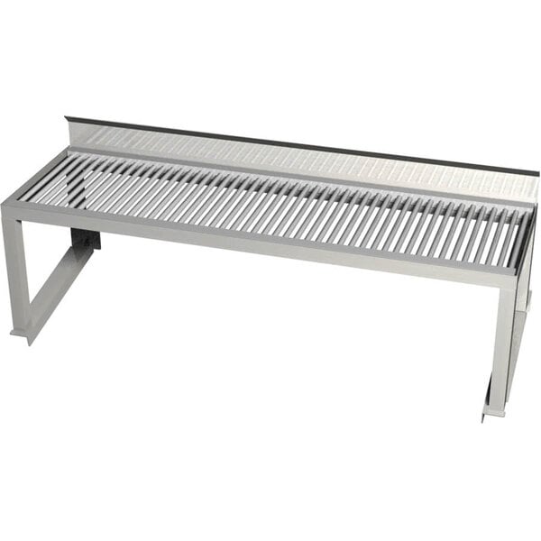 A stainless steel MagiKitch'n overhead shelf with metal legs and a metal grate.