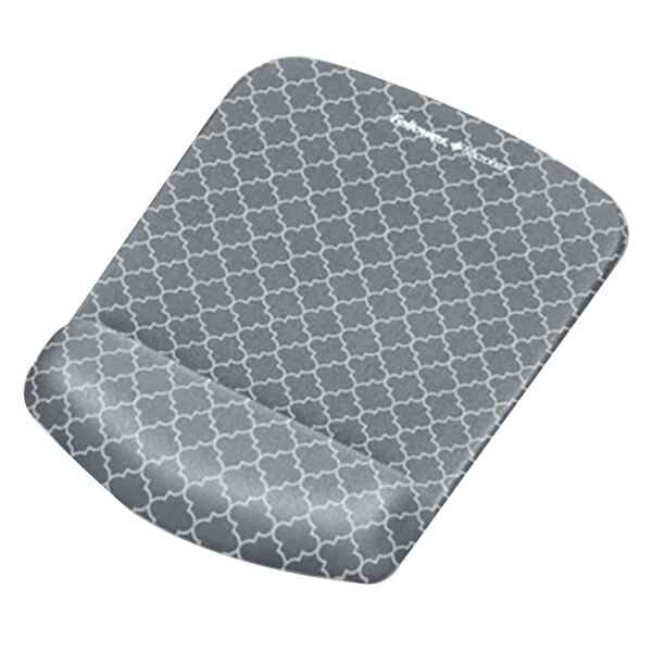 A Fellowes grey and white lattice mouse pad on a table.