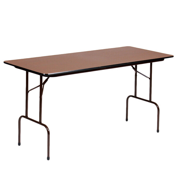 A brown rectangular Correll folding table with metal legs.