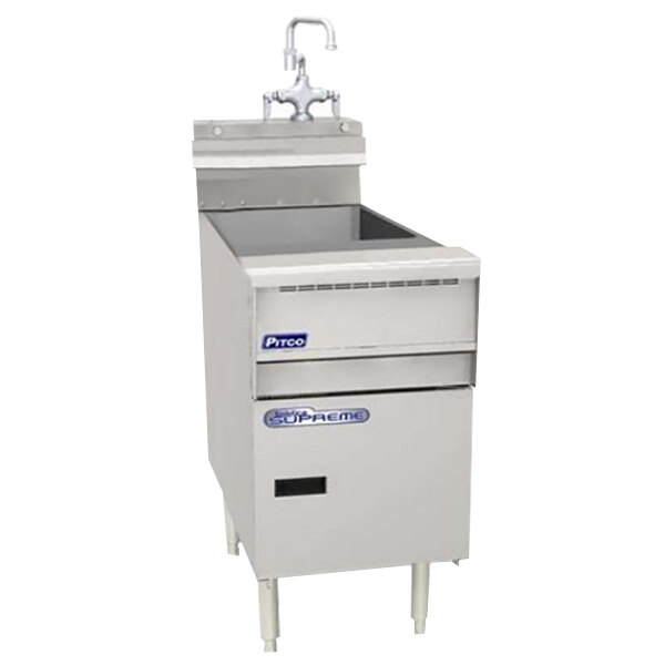 A stainless steel Pitco pasta rinse station with a faucet and drain.