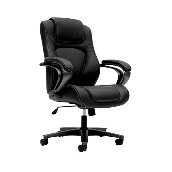 A black HON Basyx high-back executive office chair with wheels and arms.