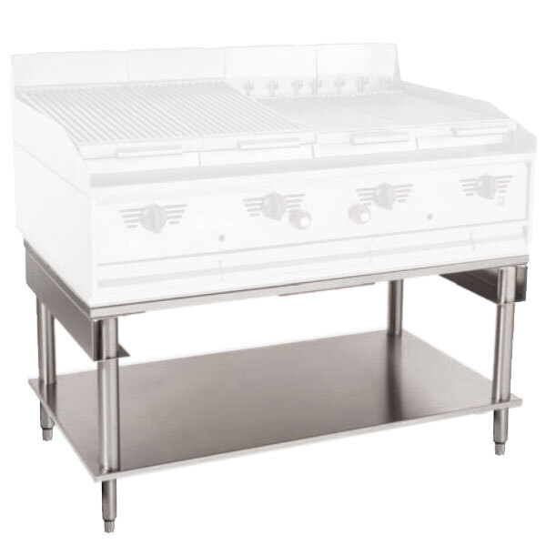 A MagiKitch'n stainless steel equipment stand with an undershelf holding a large gas grill.