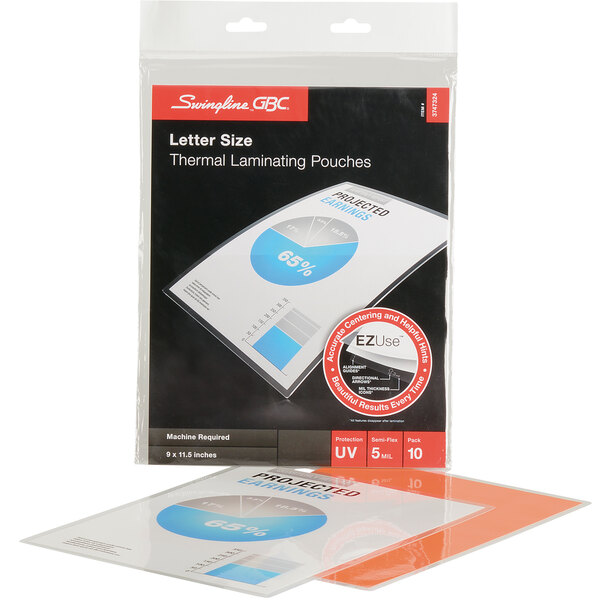 A package of Swingline EZUse thermal laminating pouches on a counter.