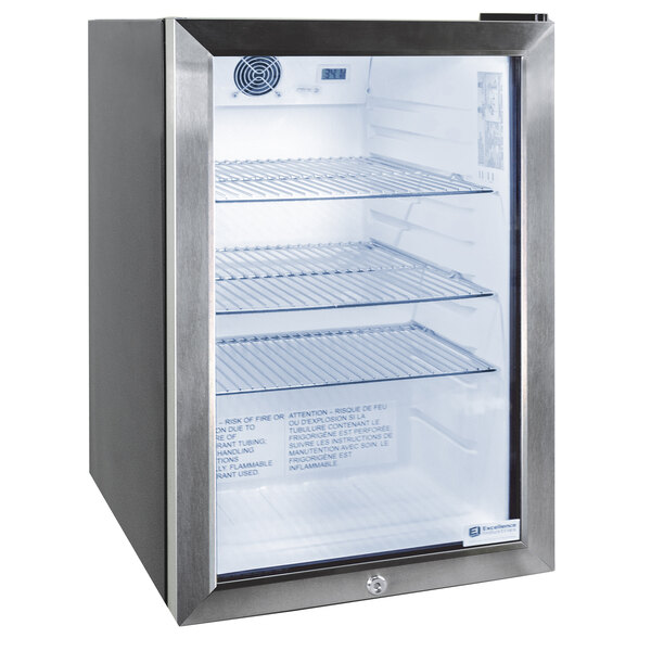 A black Excellence countertop display refrigerator with a glass door and shelves inside.