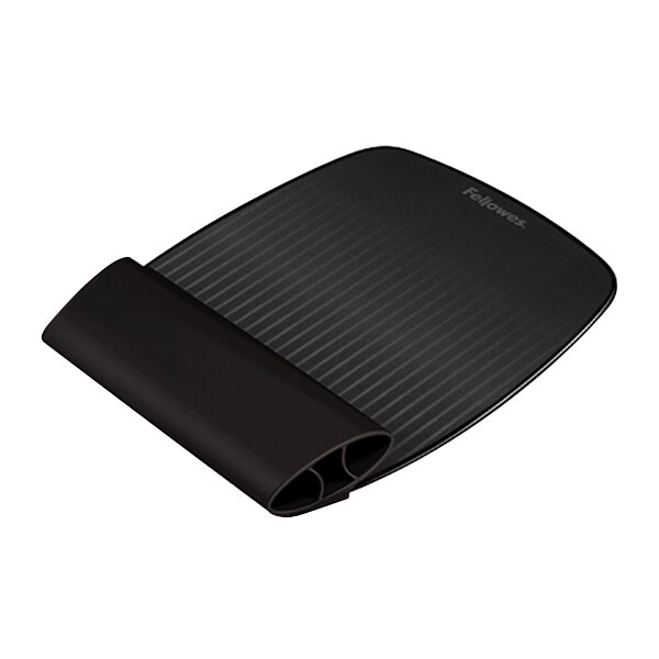 A black Fellowes I-Spire Series mouse pad with a curved edge and black wrist rocker.