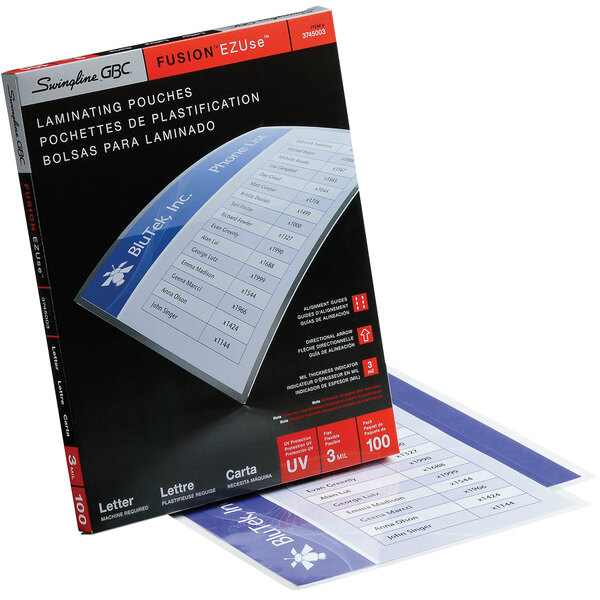 A Swingline GBC box of 100 letter size laminating pouches with a white background and black and red text.