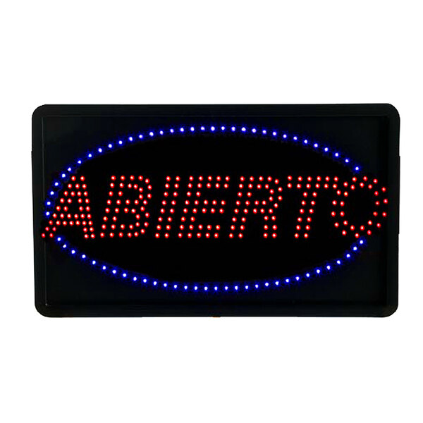 A black and red LED sign that says "Abierto" in red letters with blue and red lights.