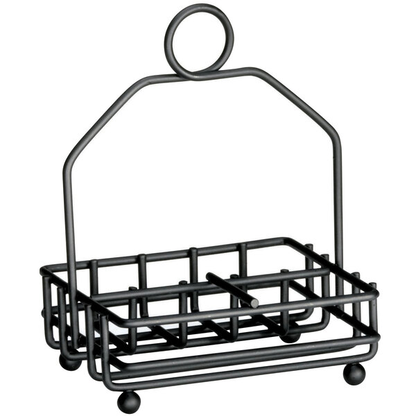 A black metal Tablecraft rack with baskets for salt, pepper, and sugar packets.