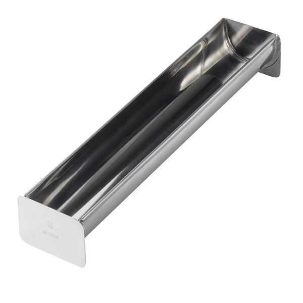 A stainless steel rounded cake mold with a long rectangular handle.