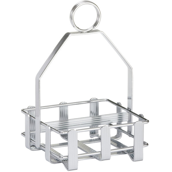 A chrome plated metal Tablecraft condiment rack with a handle.