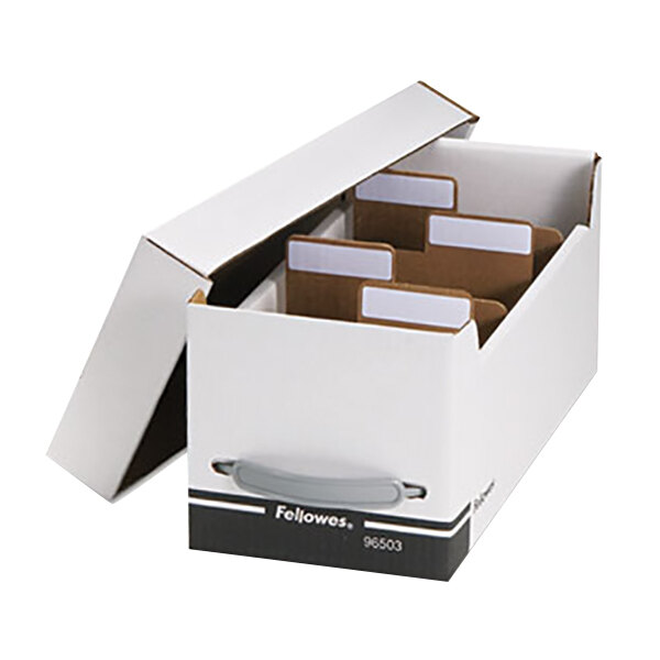 Fellowes 96503 6 3/4" x 15" x 6 1/4" White/Black Corrugated Media Storage Box with Dividers and Labels