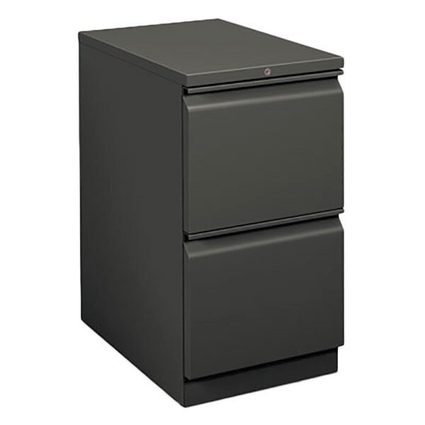 A black HON two-drawer mobile pedestal filing cabinet.