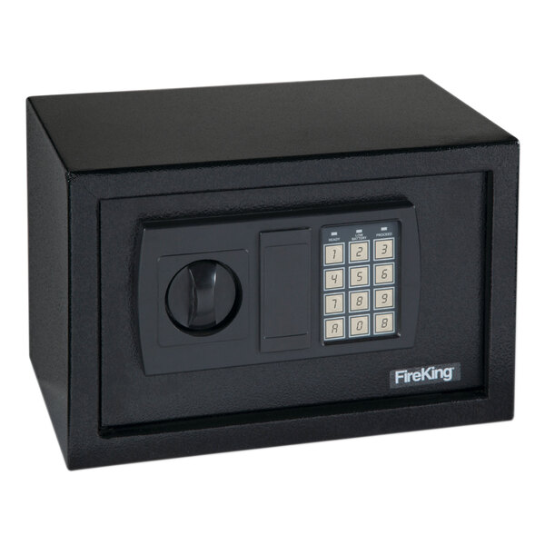 A black Gary by FireKing personal safe with electronic lock and keypad.