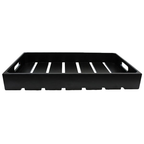 A black rectangular Tablecraft serving crate with rows of holes.